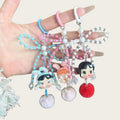 Cute Cartoon Doll Beaded Couple Keychain DIY Acrylic Resin Metal Keychain Bow Hair Ball Backpack Pendant for Car Keyring