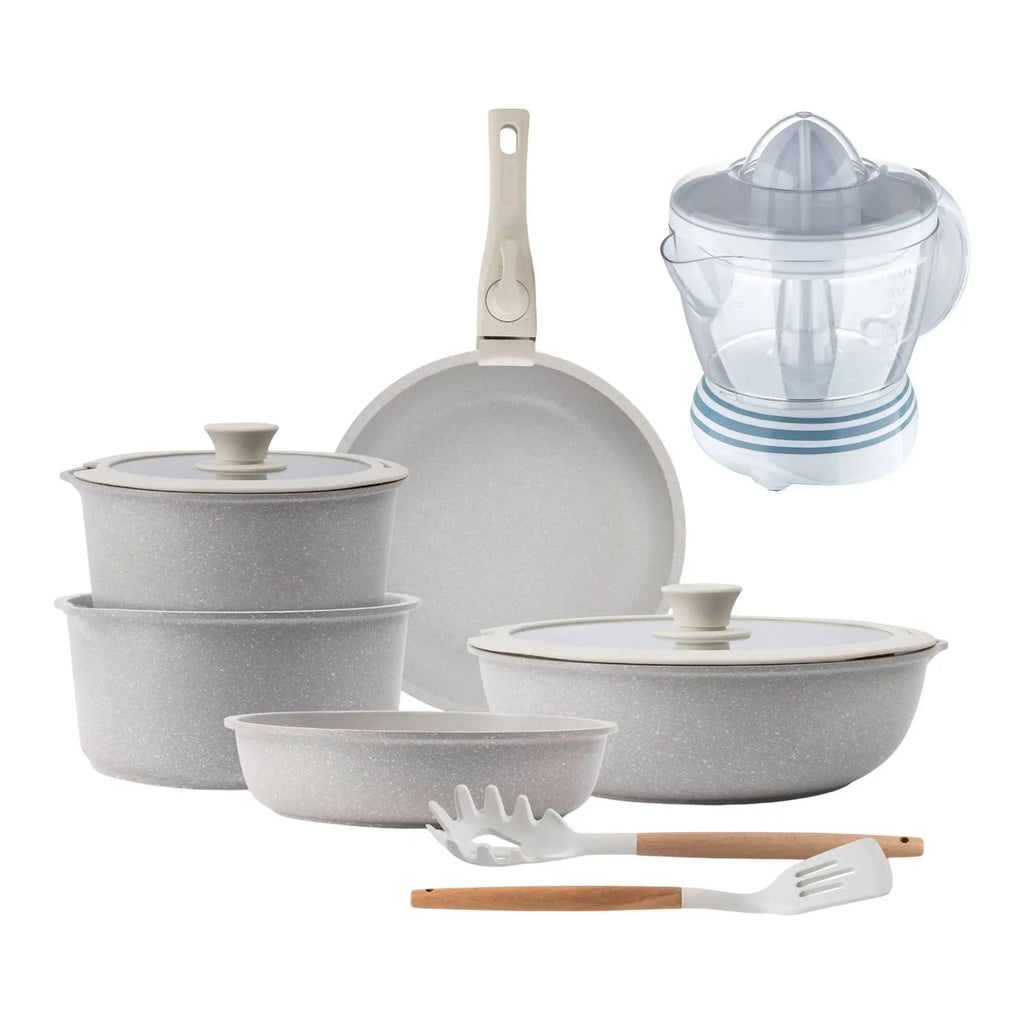 10-Piece Beige Cookware Set with Removable Handles 3 Frying Pans 2 Saucepans Lids and Utensils + 40W Juicer 1.2 Liters