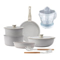 10-Piece Beige Cookware Set with Removable Handles 3 Frying Pans 2 Saucepans Lids and Utensils + 40W Juicer 1.2 Liters