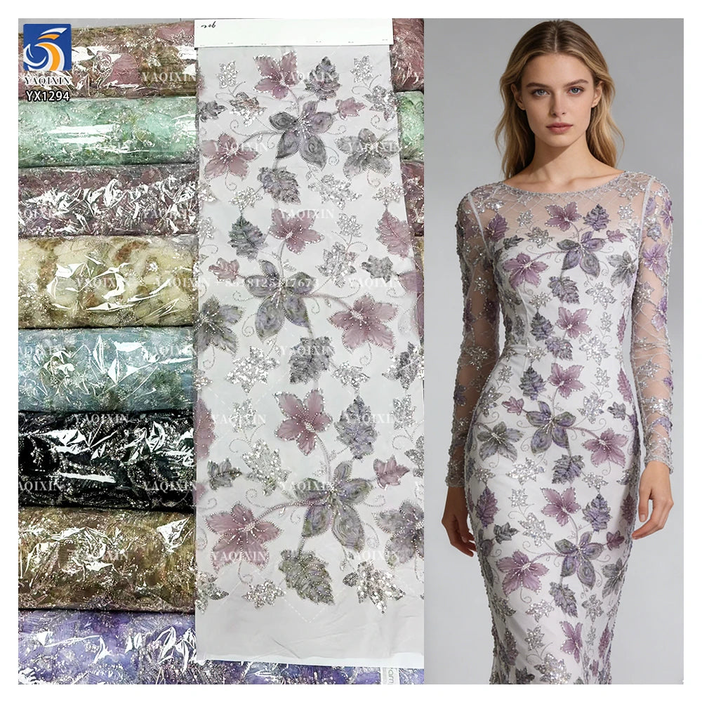 YX1294-2 New 2026 Fashion German Women's Lace Fabric Dyed Florals Embroidered Flash Sequin Lace Fabric for Girl Dance Skirt MegaBDM