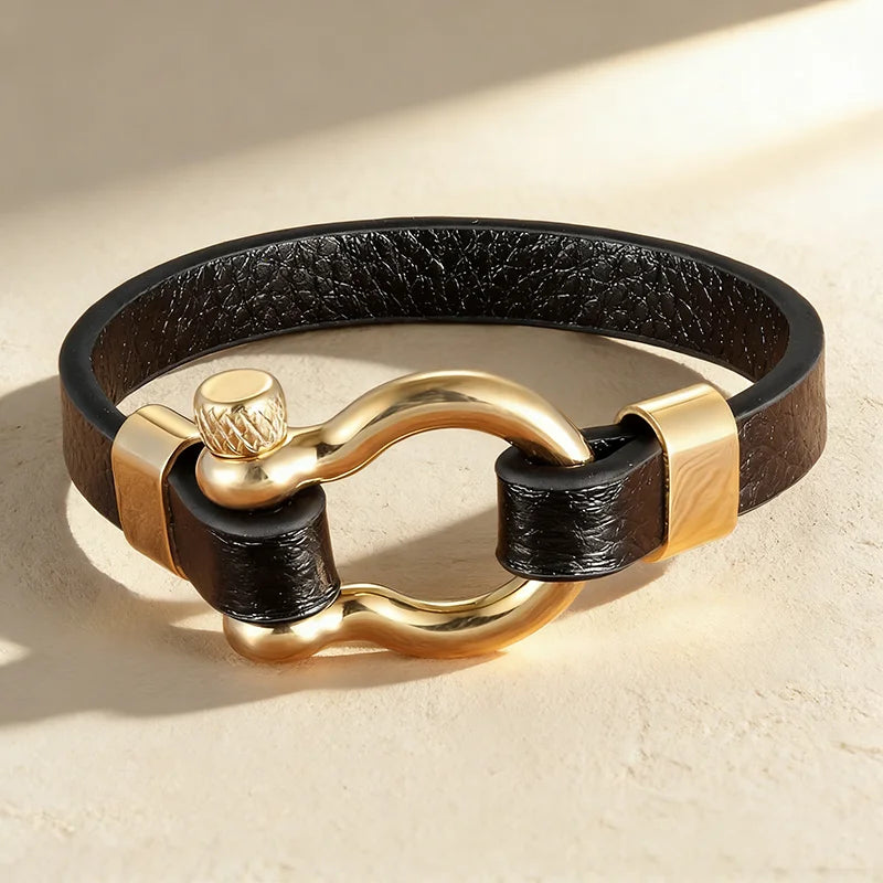 Best Selling New Classic Hip Hop Rock Style Geometric Circle Toggle-clasps Men's Leather Bracelet 19cm/21cm Size Meaningful Gift