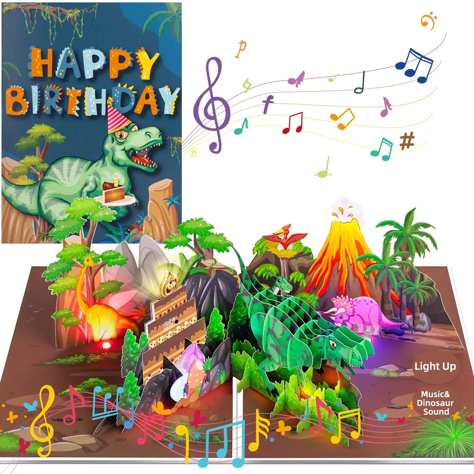 Dinosaur Musical Birthday Cards for Kids Boys Girls  3D Pop up Greeting Cards with Colorful LED Light
