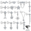 S925 Sterling Silver Moissanite Flat Back Threaded Cartilage Stud Dangle Earrings with Flower Heart Star Tassel Designs D Color