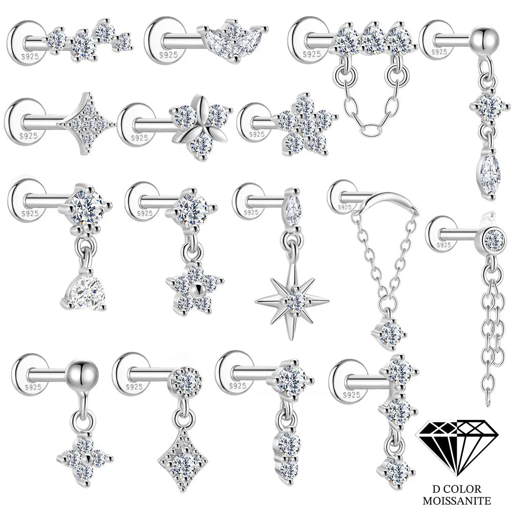 S925 Sterling Silver Moissanite Flat Back Threaded Cartilage Stud Dangle Earrings with Flower Heart Star Tassel Designs D Color