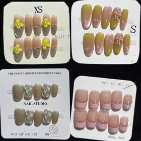 Handcrafted Luxury Yellow Floral 3D Bow Cat Eye French Custom Almond Press on Nails False Nails 052 053 054 055