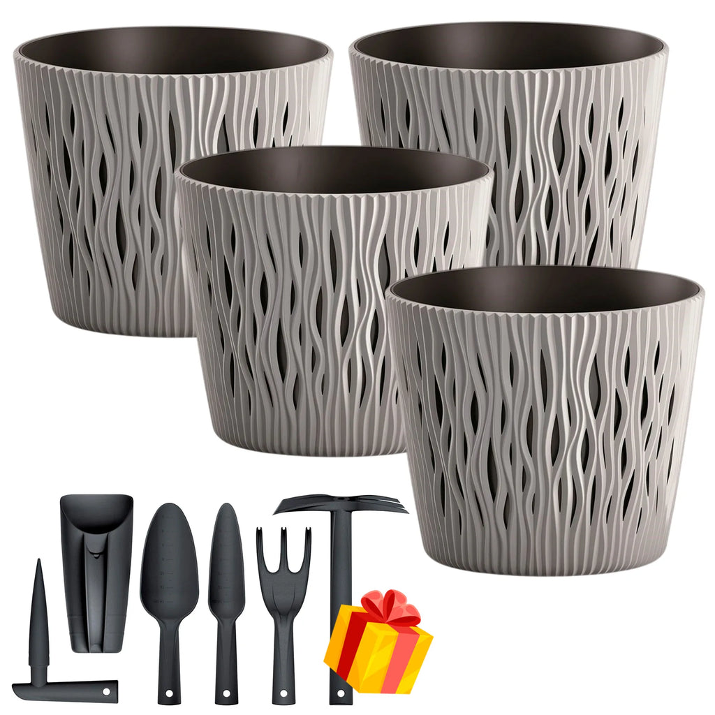 Set of 4 Sandy Round 3L plastic flower pots in grey 18.9 x 18.9 x 16.5 cm + FREE set of 6 garden tools