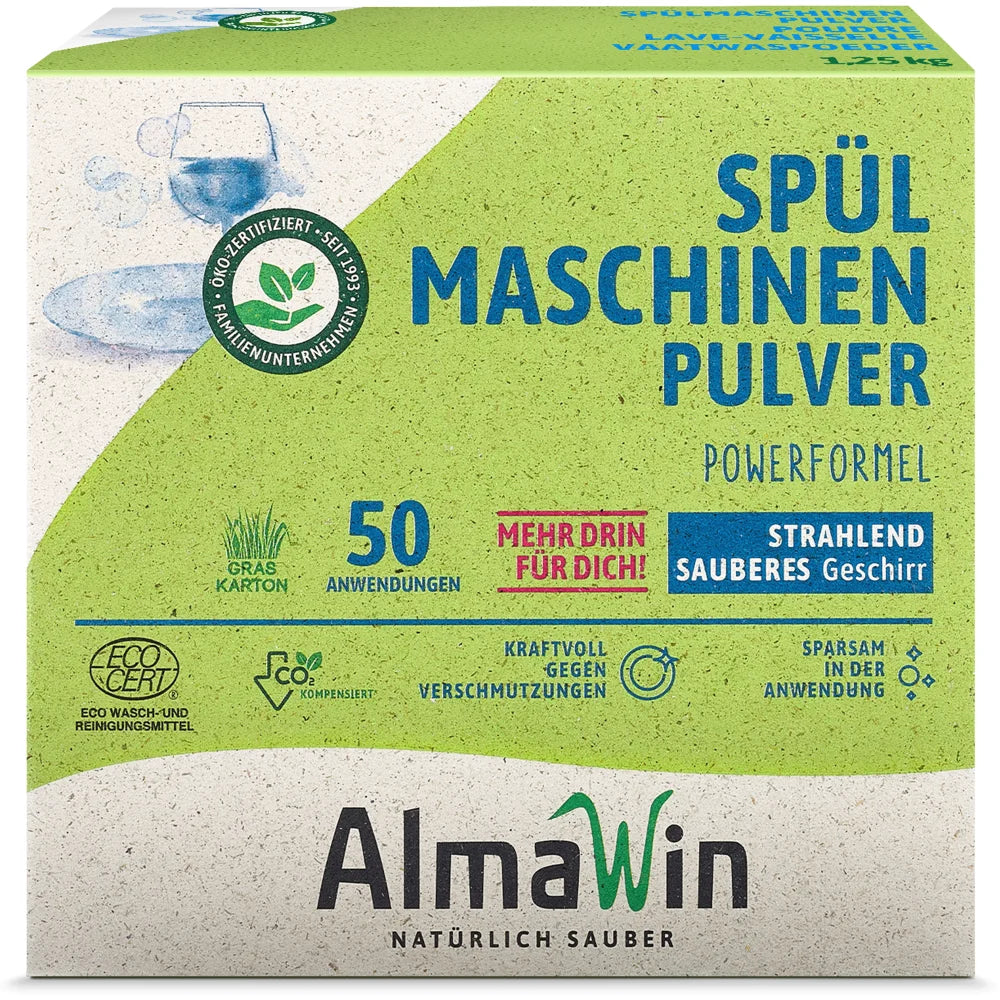 AlmaWin RTS 1 Vegan Dishwasher Powder 1.250Kg 50 Applications For Different Quantities Of Dishes Organic Detergent