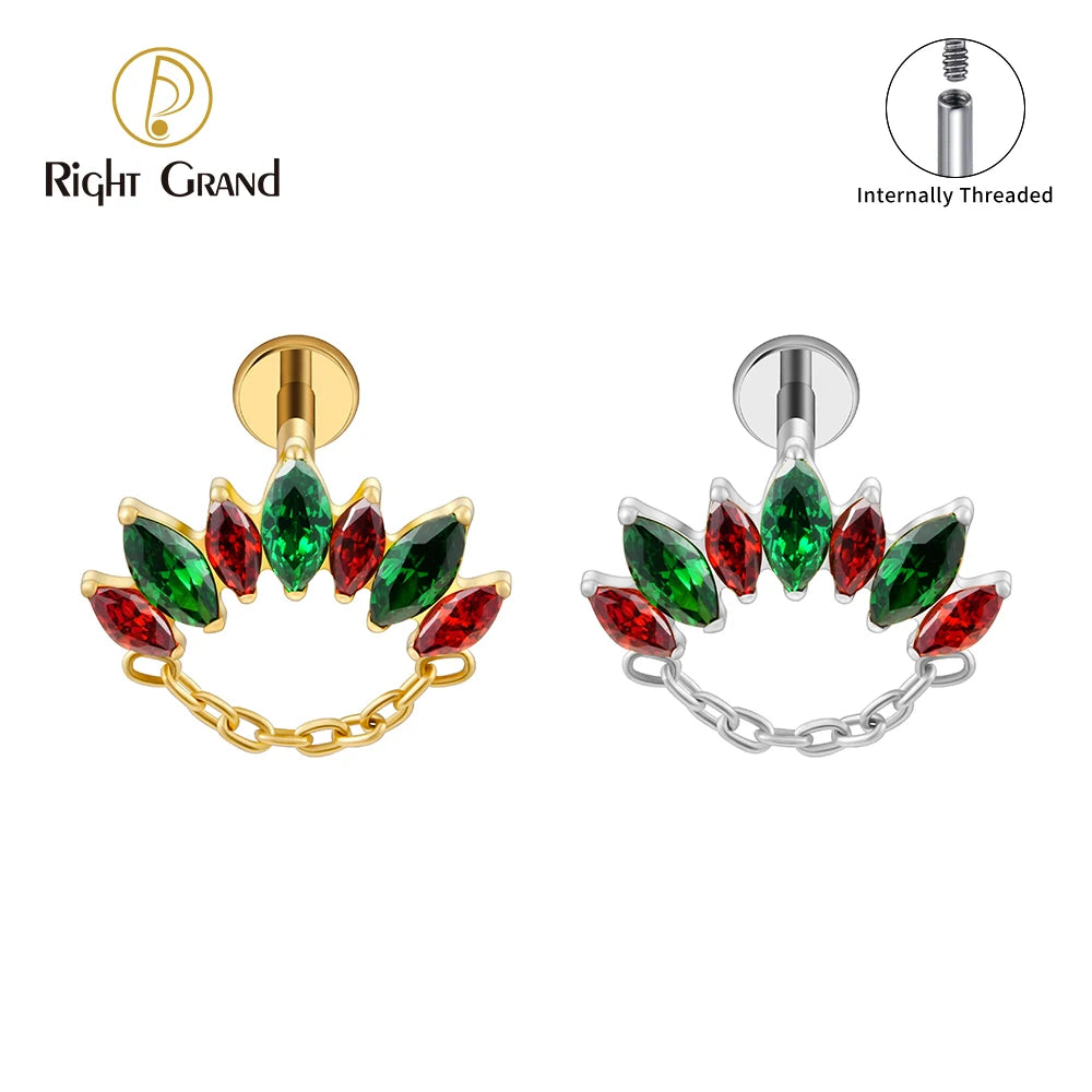 ASTM F136 Titanium 16G Internal Thread 7 Marquise CZ Curved Labret Stud Helix Conch Cartilage Tragus Flat Back Piercing