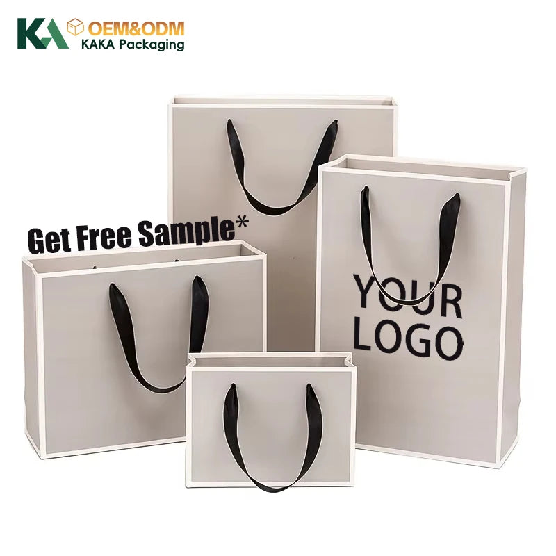 KAKA Custom Logo Luxury Grey Paper Gift Bag with Ribbon Handles Elegant Shopping Packaging Bags for Jewelry Boutique Clothing