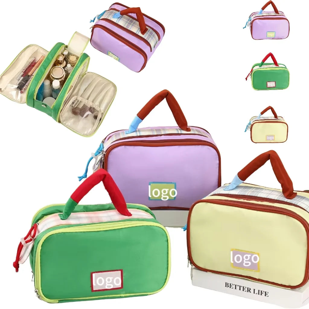 SW New Design Cosmetic Bag Portable Zippered Large Capacity Multi-layer Color Block Bag Candy Color Toiletry Handbag for Travel