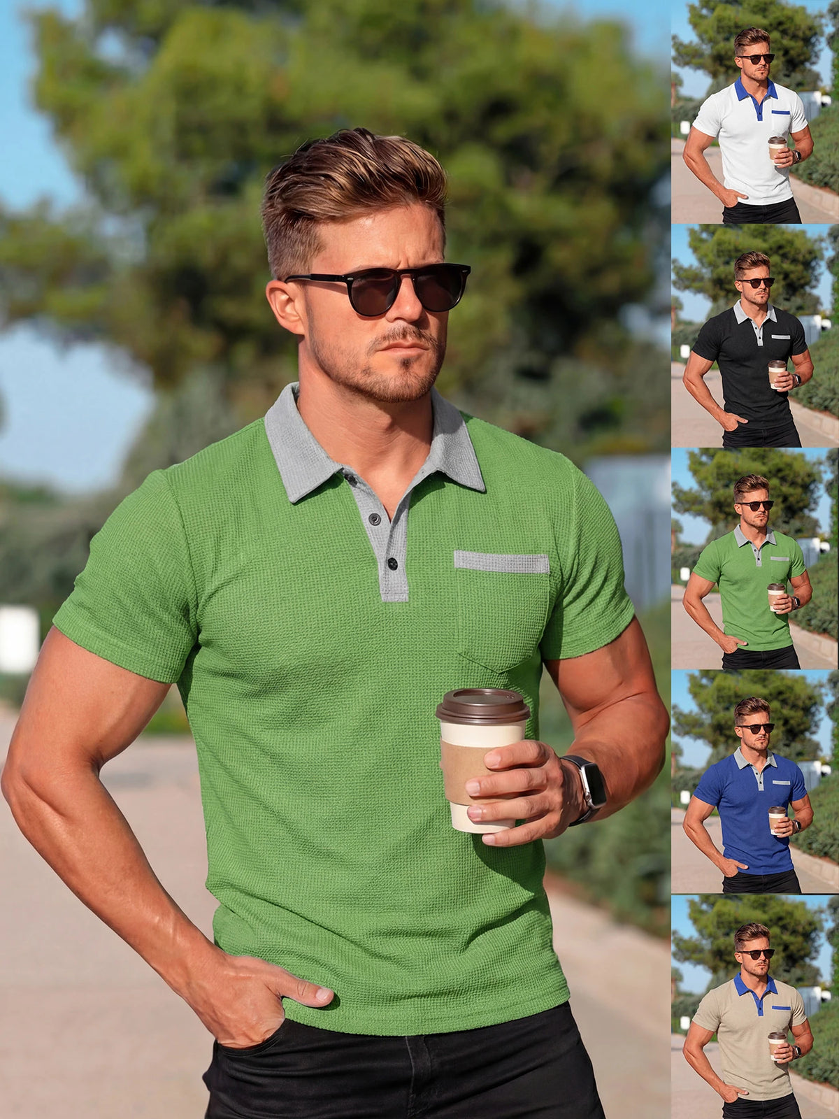 2026 High-Quality New Summer American Men's Loose Waffle Striped Polo Casual Simple Business Short Sleeve in Stock MegaBDM