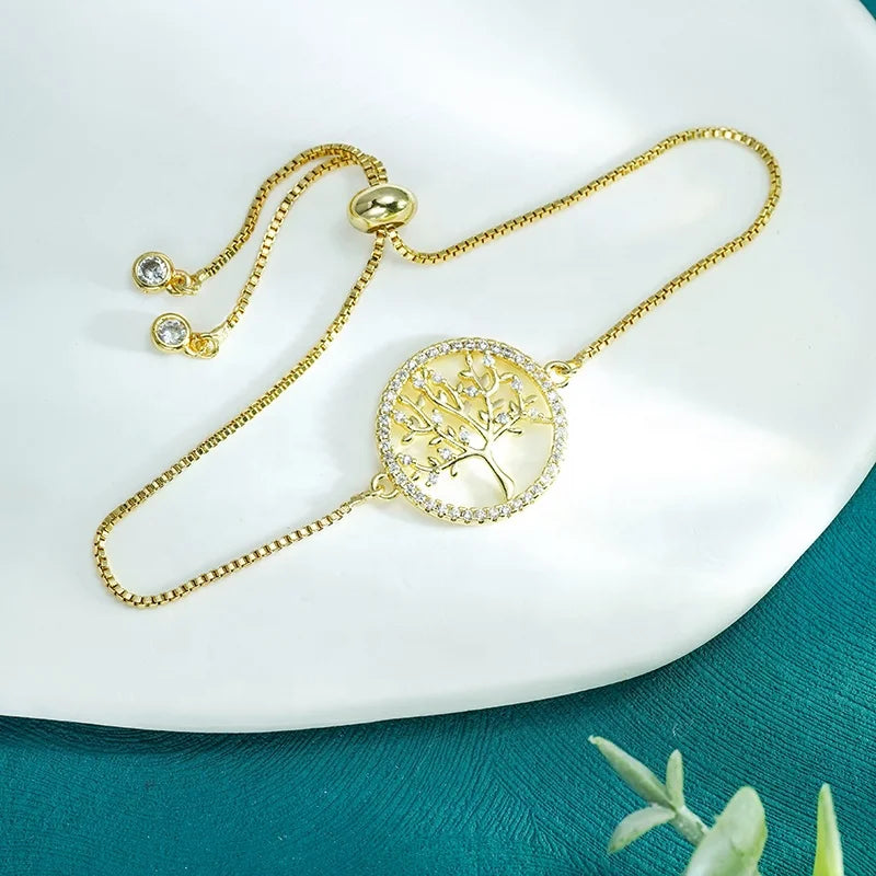 New Arrivals Life Tree Charm Bracelet 18K Gold Plated Tree of Life Zircon Bracelet Adjustable Box Chain Bracelets  Women Jewelry