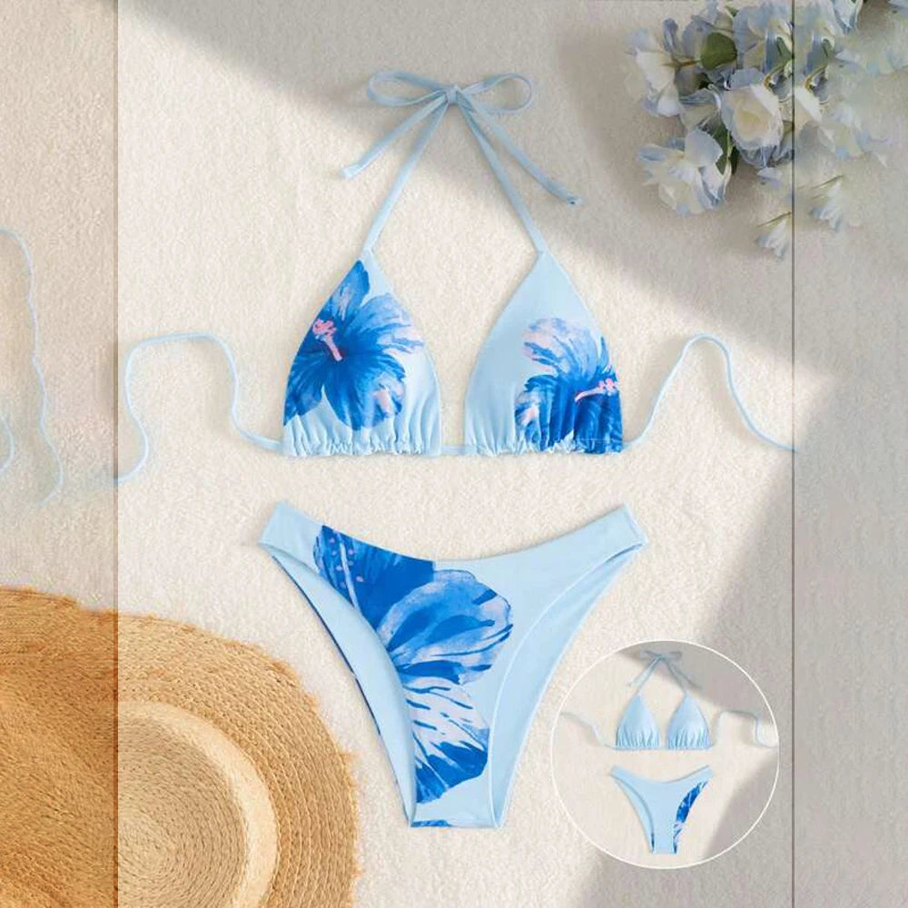 2025 Women's Plus Size Blue Floral Bikini Set Heat-Transfer Printed High Cut Deep V Neck Quick Dry Spandex/Polyester 2-Piece