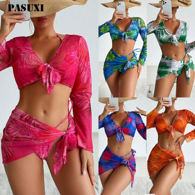 PASUXI Hot Sell Belted 3 Piece Bikini Set Floral Bandage Cover up Swimwear Halter Bikini Tankini Swimsuit Womens