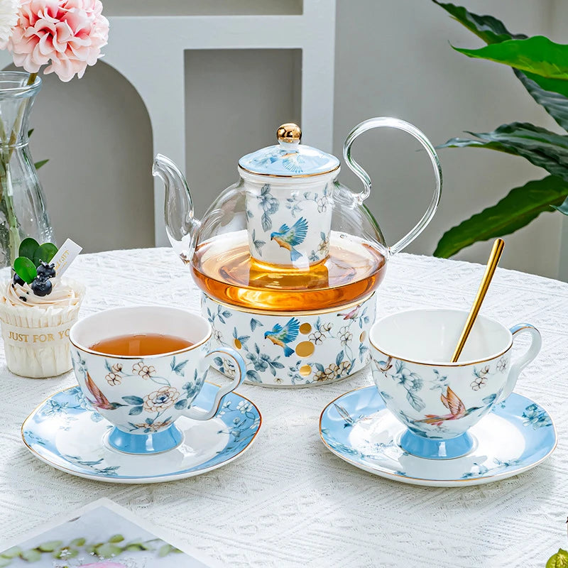 Elegant Floral Bird Porcelain Tea Set with Glass Teapot and Warmer Luxury Ceramic Tea Cup and Saucer Set for Afternoon Tea