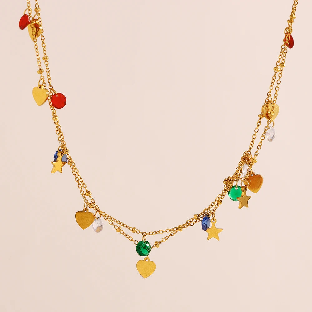 Dreamshow Fashion Jewelry Necklace Summer Fashion Zircon Charm Necklace Double Layer Stainless Steel Jewelry