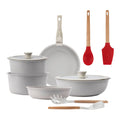 10-Piece Beige Cookware Set with Removable Handles 3 Frying Pans 2 Saucepans Lids and Utensils + Bergner EXCALIBUR 2-Piece