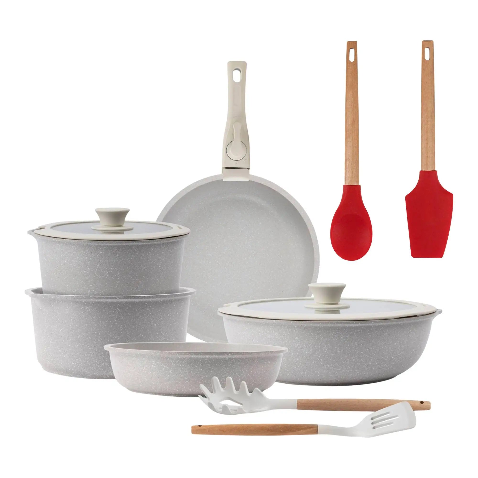 10-Piece Beige Cookware Set with Removable Handles 3 Frying Pans 2 Saucepans Lids and Utensils + Bergner EXCALIBUR 2-Piece