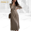 Factory Wholesale Custom Elegant V-Neck Single Breasted Women Thicken Autumn Knitted Belted A-line Soft Sweater Long Dresses