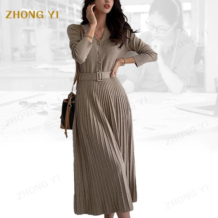 Factory Wholesale Custom Elegant V-Neck Single Breasted Women Thicken Autumn Knitted Belted A-line Soft Sweater Long Dresses