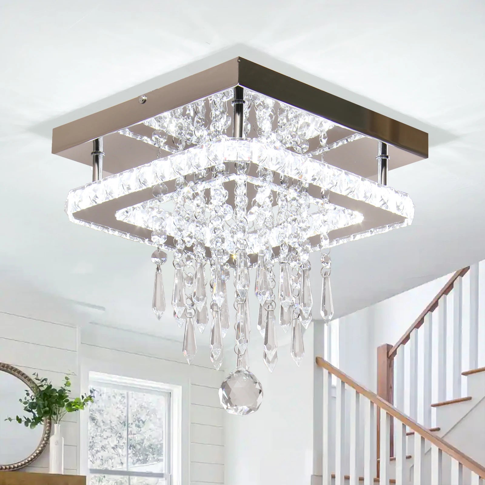 9.8" Square Crystal Chandeliers Ceiling Chandelier 18 Inch Light Fixtures Modern Chandelier for Bedrooms Dining Room