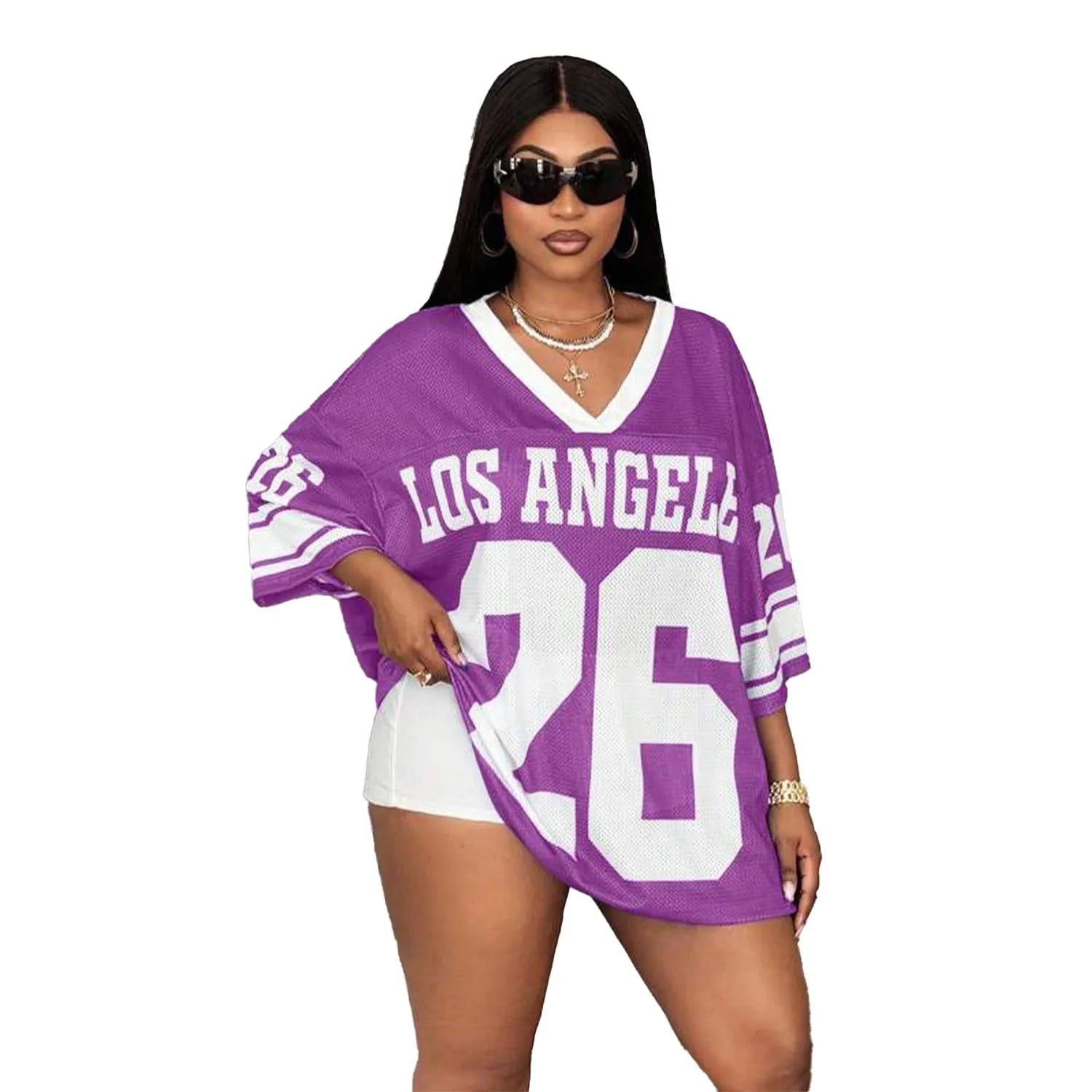 For Oversized Mesh Jersey Top Los Angeles 26 Men's V Neck Streetwear Football Shirt 100% Cotton Anti-UV Breathable Summer