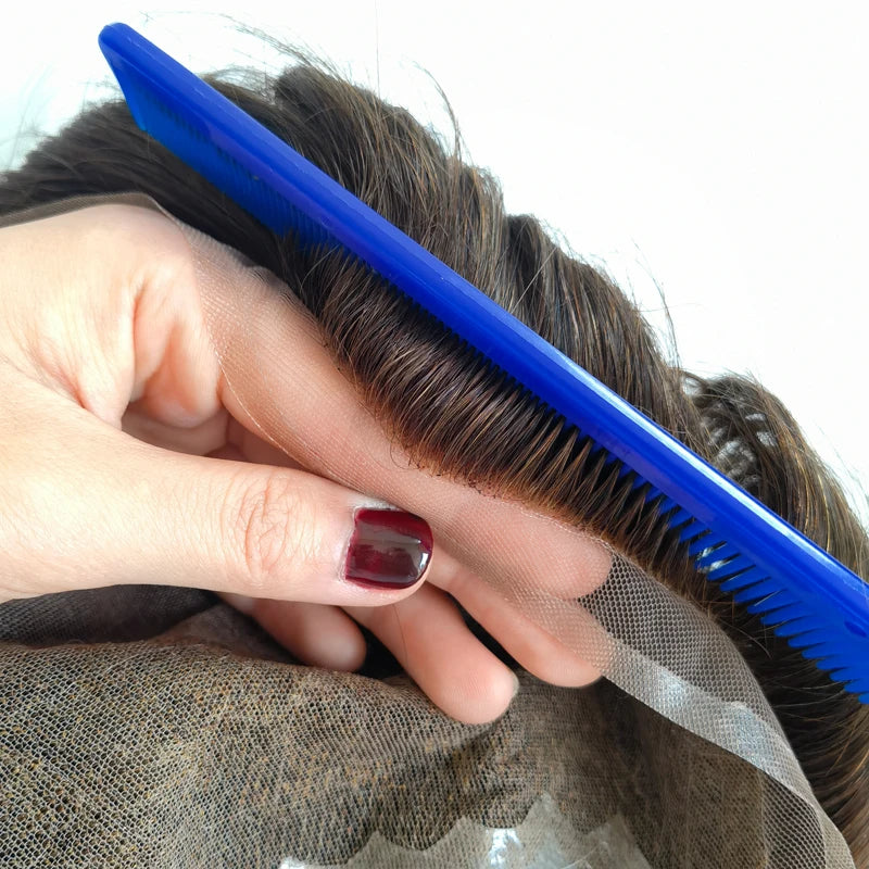 Q6 PU Skin Fine Swiss Lace Base Dark Brown Natural Human Hair Men Male Toupee with Front Bleached Knots MegaBDM
