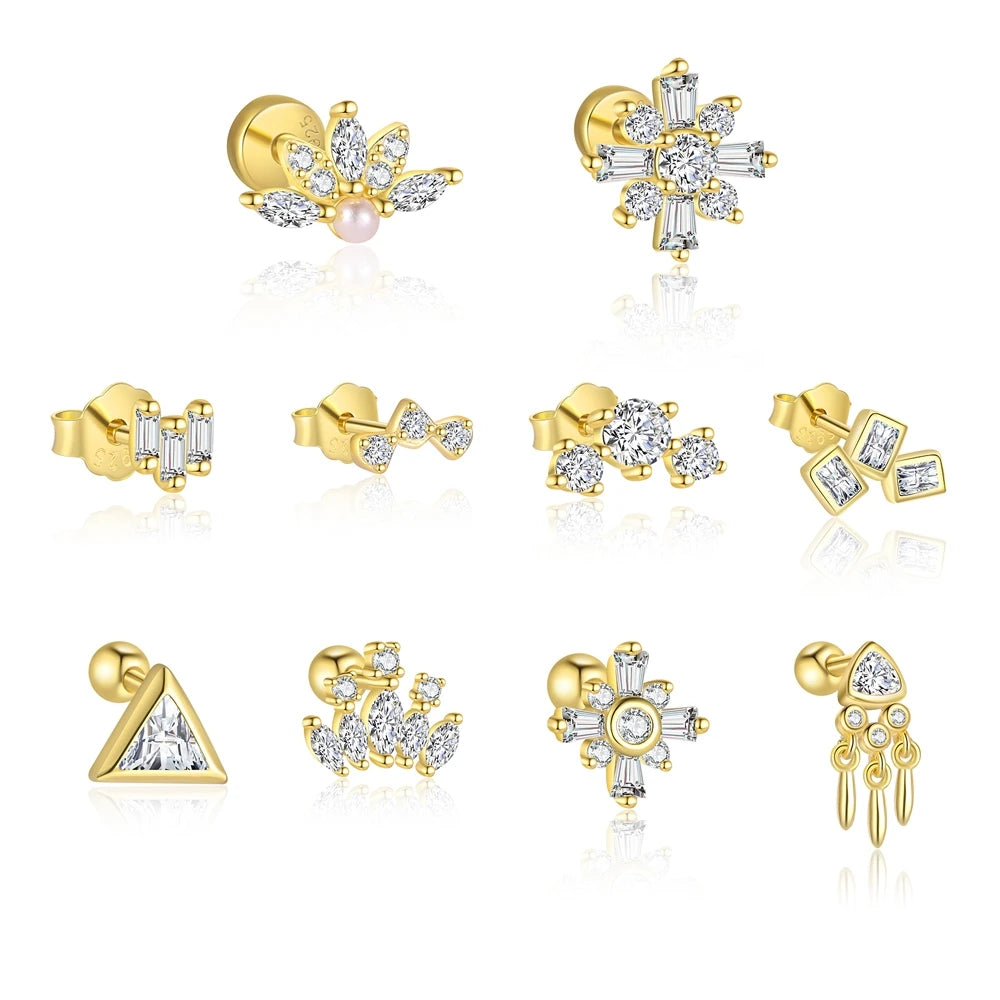 Crafted 925 Sterling Silver Fashion Fine Jewelry 18K Gold Plated Zircon Geometric Stud Small Earrings for Women