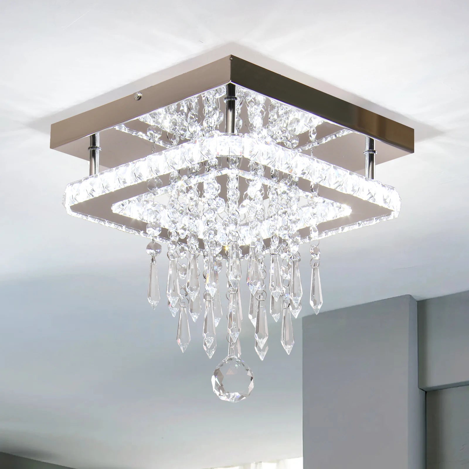 Modern Crystal Chandeliers LED Flush Mount Crystal Ceiling Light Fixtures Square Chandelier for Bedrooms Dining Room