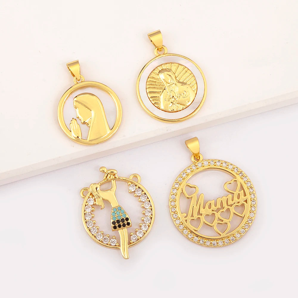 Religious Virgin Mary & Mama Theme Copper 18K Gold Plated Pendant Set with Full Zircon Girl Figure Charms Necklace