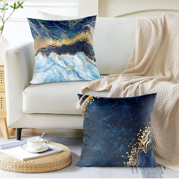 Marble Pillow Case Decorative Cushions Blue Gold Peach Skin Pillowcase Cushion Cover with Golden Veins Opp Bag Printed Microstar