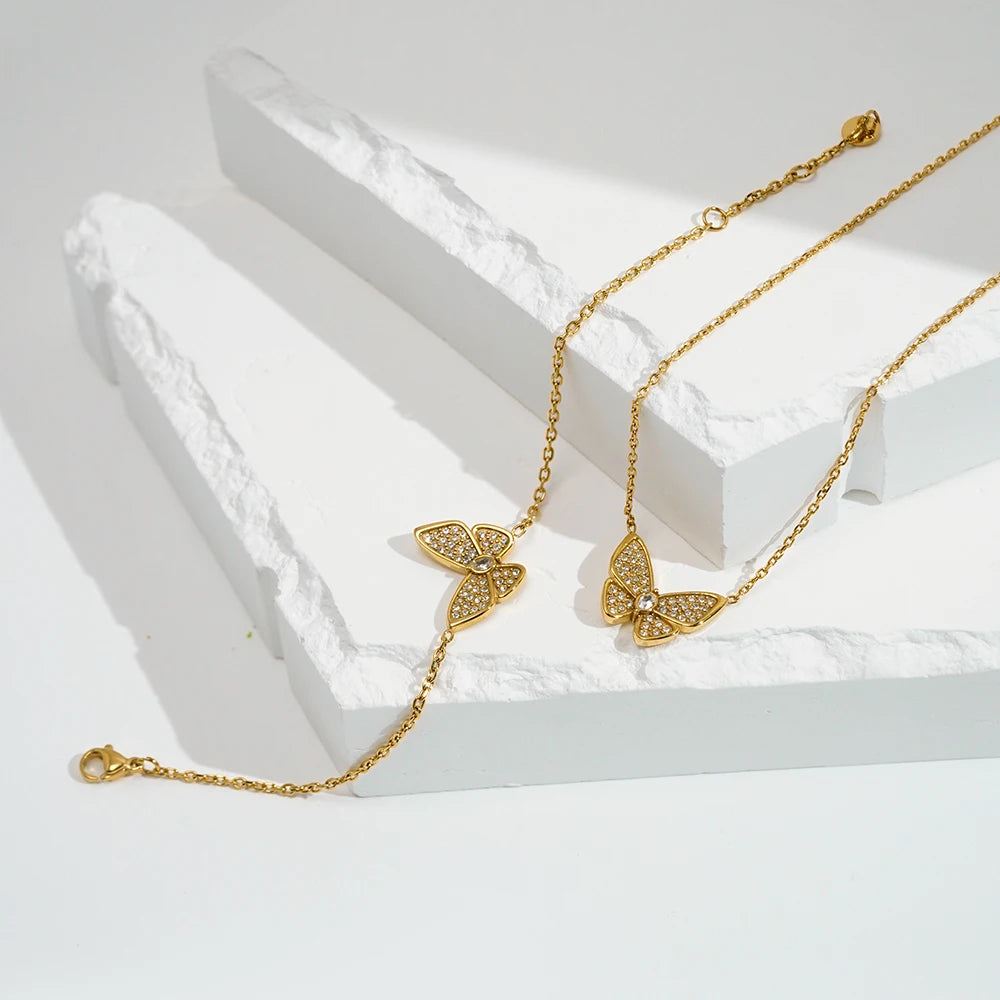 Latest 18K Gold Plated Stainless Steel Zircon Butterfly Pendant Necklace Bracelet Waterproof for Woman Gifts Jewelry Set P243521