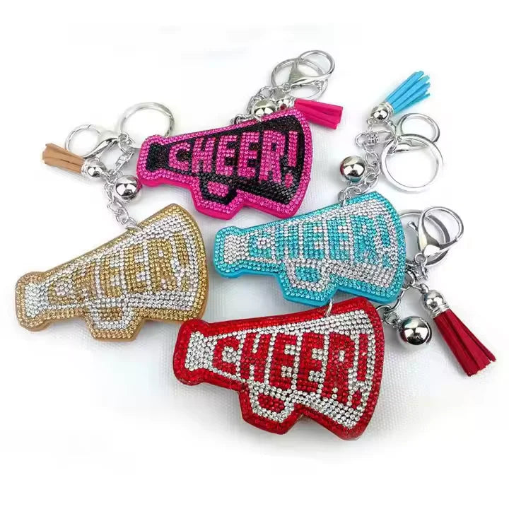 Cute Bling Cheer Megaphone Keychain Squad Team Superfan Popcorn Tassel Keyring Sparkly Diamond Trumpet up Cheerleading Keychains