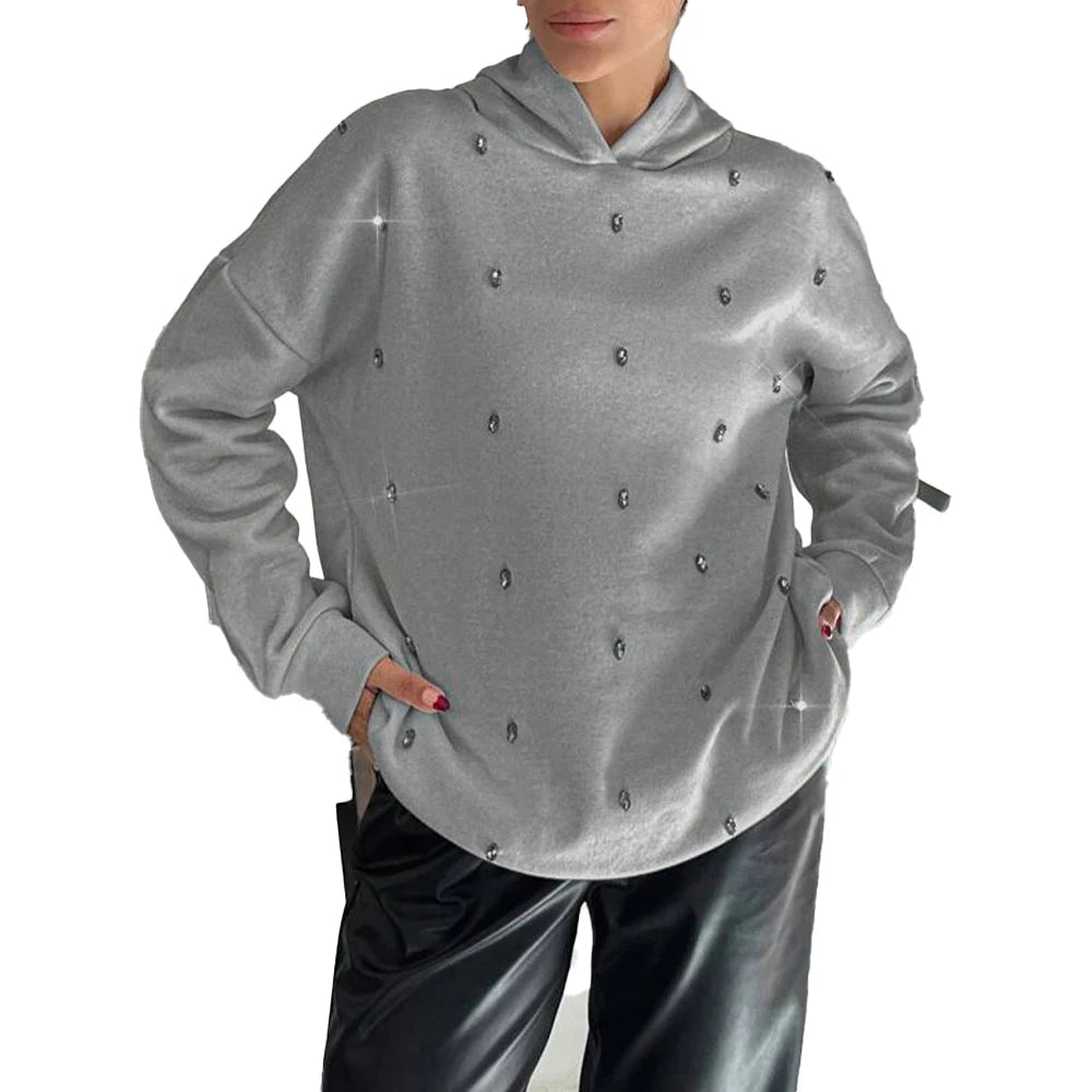 Gray Rhinestone Pullover Hoodie Women's Oversized Crystal Fleece Sweatshirt Streetwear Drop Shoulder Cotton Autumn Winter