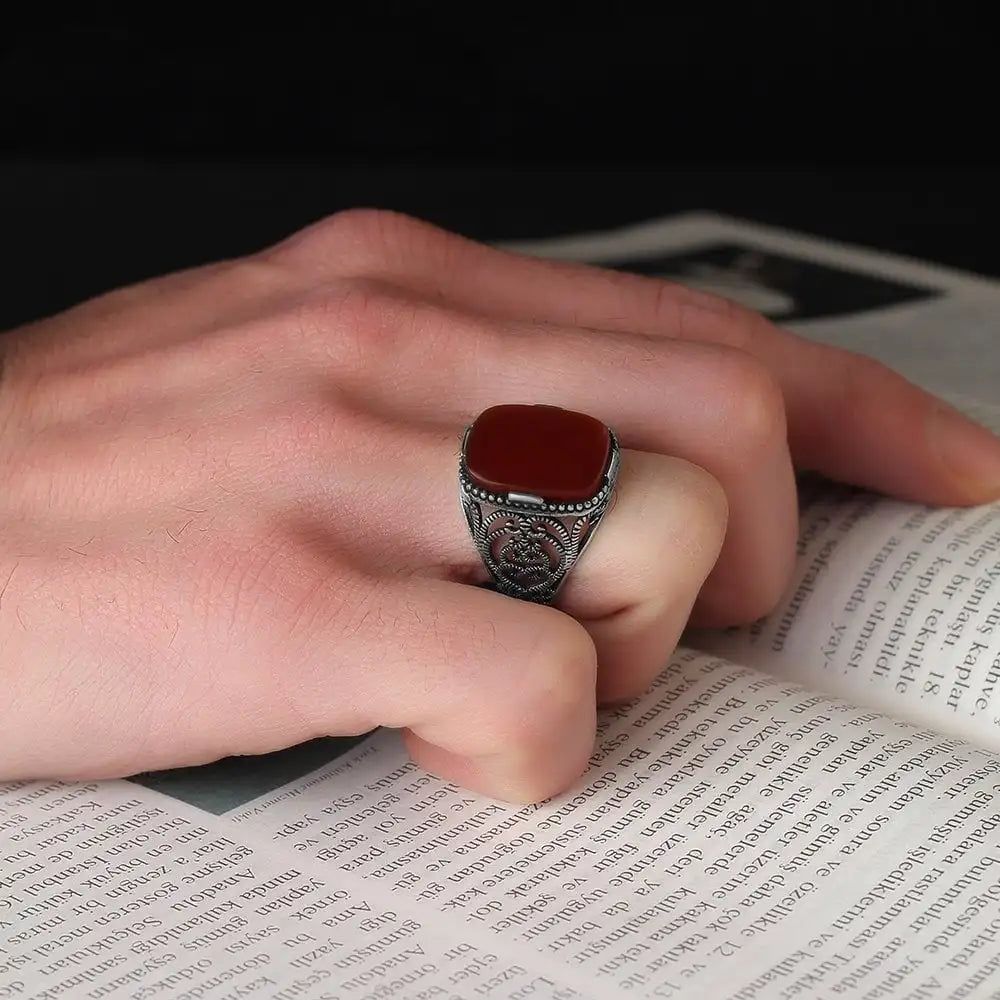 Turkish 925 Sterling Silver Men's Ring Ottoman Style Jewelry with Natural Stone Black Azuris VALKH1356