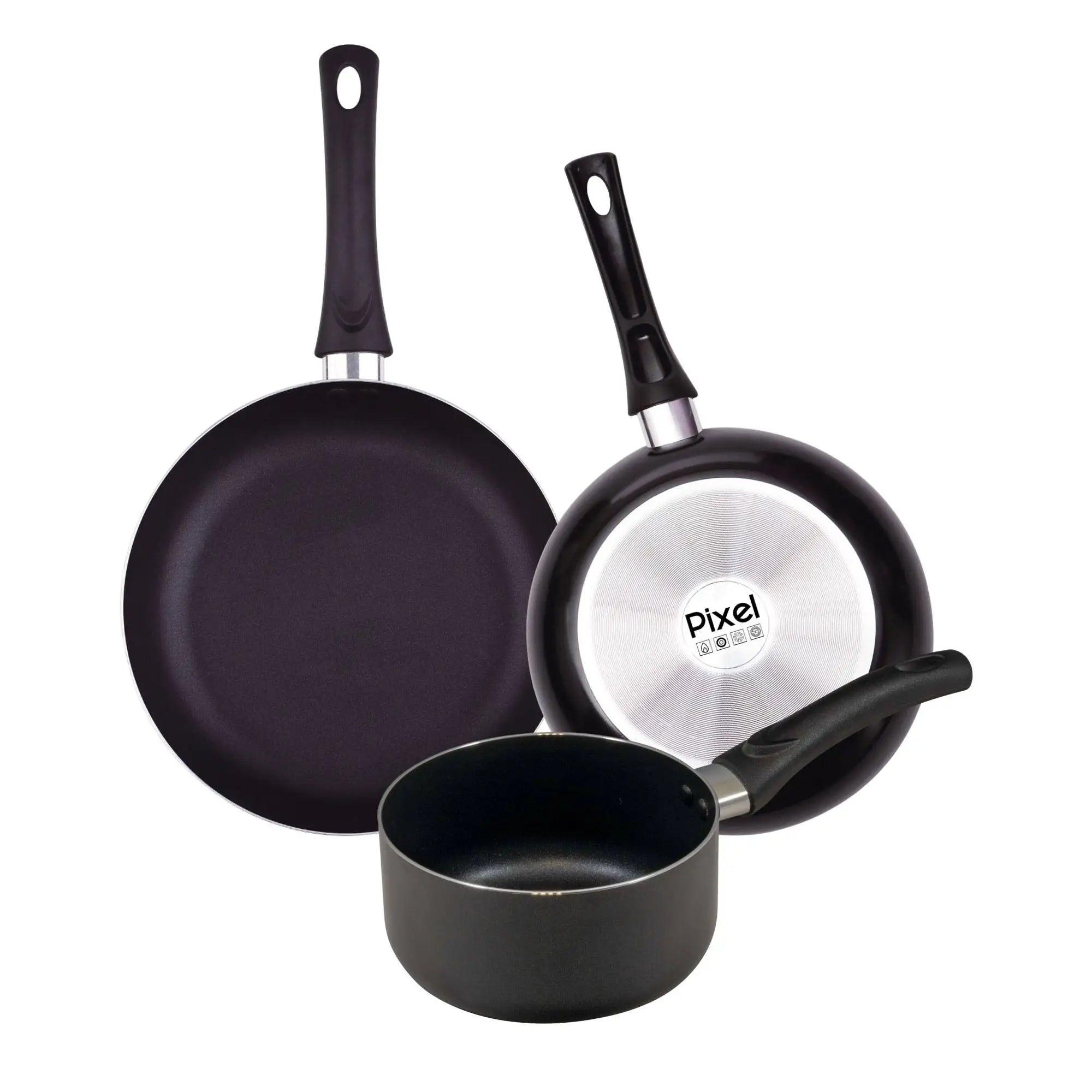 PIXEL Chef Sauce Set of 2 Frying Pans 2024cm + Saucepan 16cm in Pressed Aluminum and Non-Stick