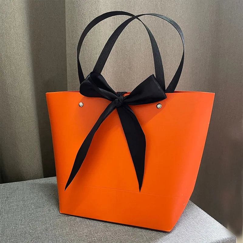 MU Orange Cardboard Paper Bag Gift Shopping Bag 11 Color Custom Logo Art Paper Bag Silk Ribbon Handles
