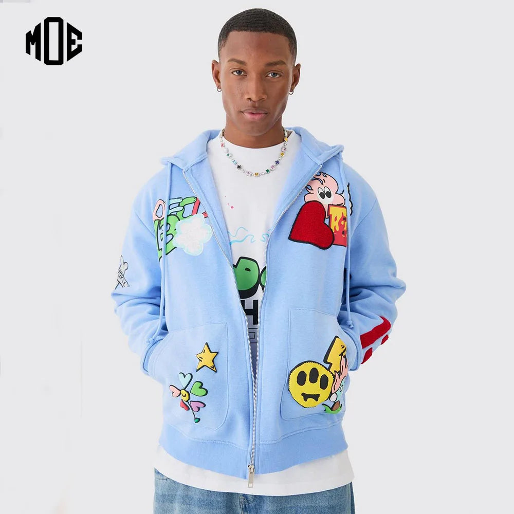 OEM Blue Custom 3d for Logo Zipper Hoodie Breathable Oversized Heavyweight 100% Cotton Fleece Winter Plain Dyed Hoodies
