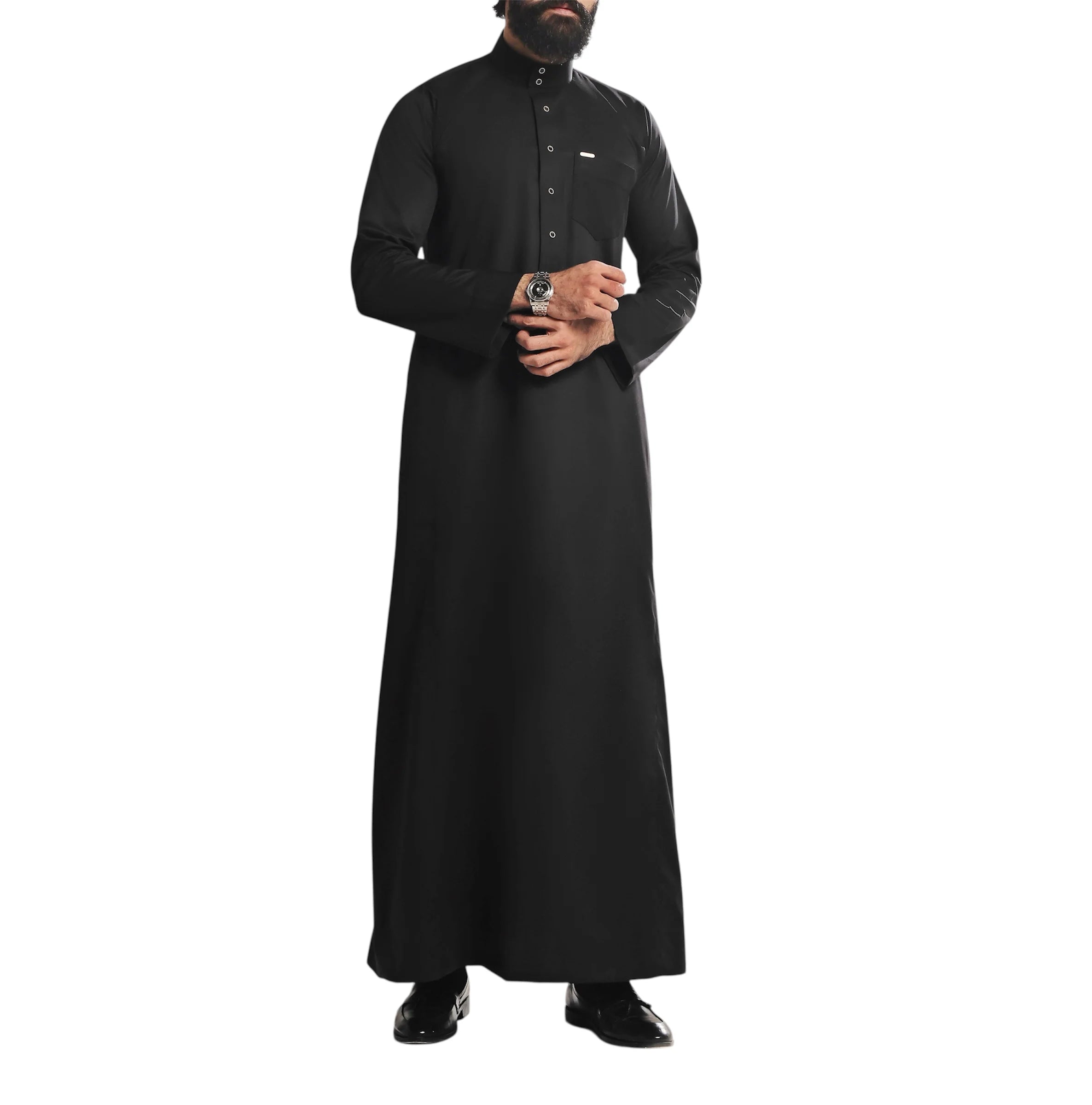 Custom Saudi Collar Thobe for Men  Premium Wash & Wear Fabric 2 Side Pockets Inner Mobile Pocket Logo Option Wholesale