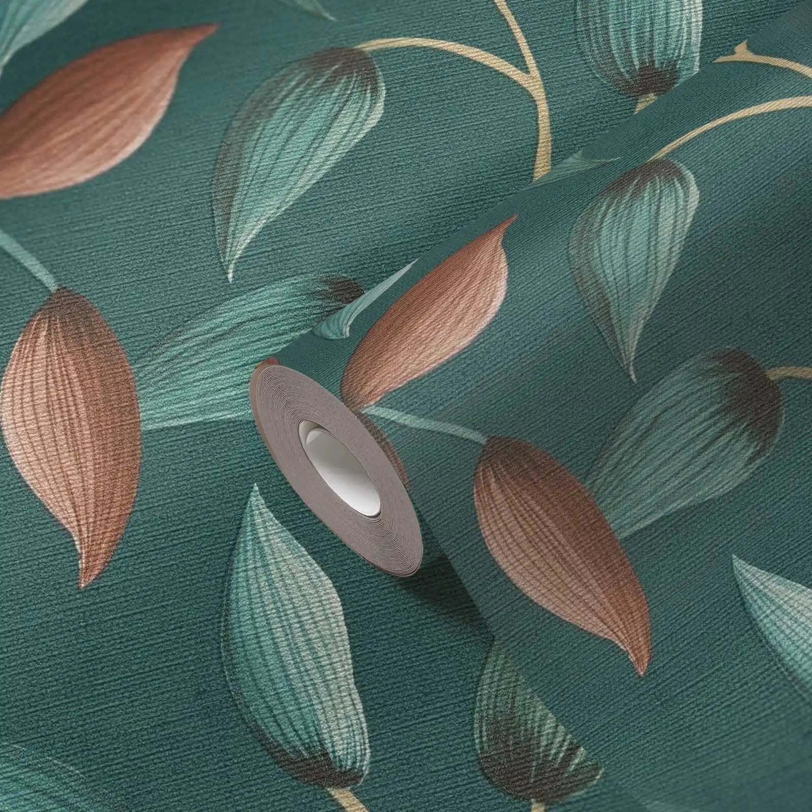 Made in Germany - Wallpaper rolls Leaf Tendril Green Petrol Orange Yellow - Non Woven Vinyl - Wallpaper Leaves - 1005 x 053 m