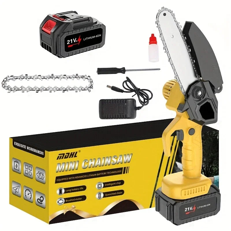 6-inch Cordless Chainsaw with Safety Lock. Includes 2 Batteries 2 Chains. Perfect for Camping Yard Work and Home Projects