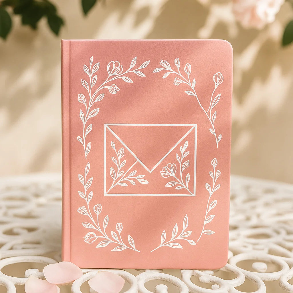 LABON Pink Envelope Floral White Foil Stamping Romantic Journal PU Leather Notebook with Rounded Corners for Gift Writing