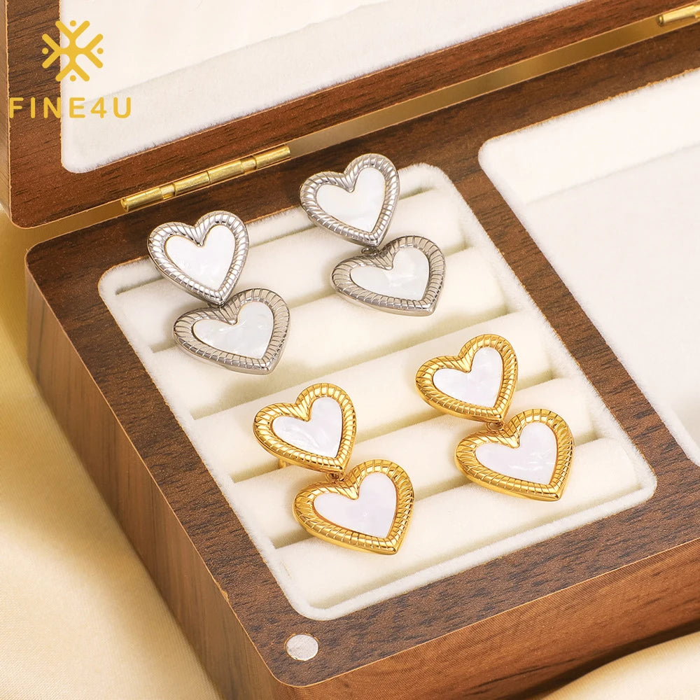 Delicate Stainless Steel Jewelry Double Heart Shells Stud Earrings 18K Gold Plated Fashion Female Earring Waterproof