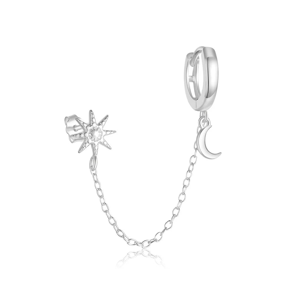 New Trendy 925 Sterling Silver Long Chain Tassel Double Conjoined Star Moon Cubic Zircon Stud Hoop Earrings