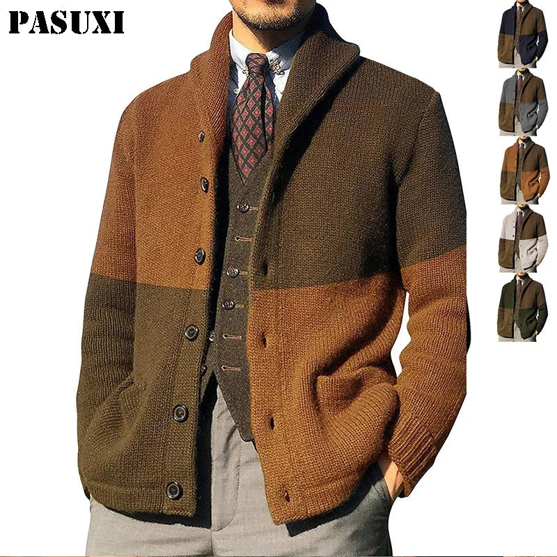PASUXI 2026 New Sweater Cardigan Color Matching Button Long Sleeve Knitted Jacket Sweater Cardigan Men