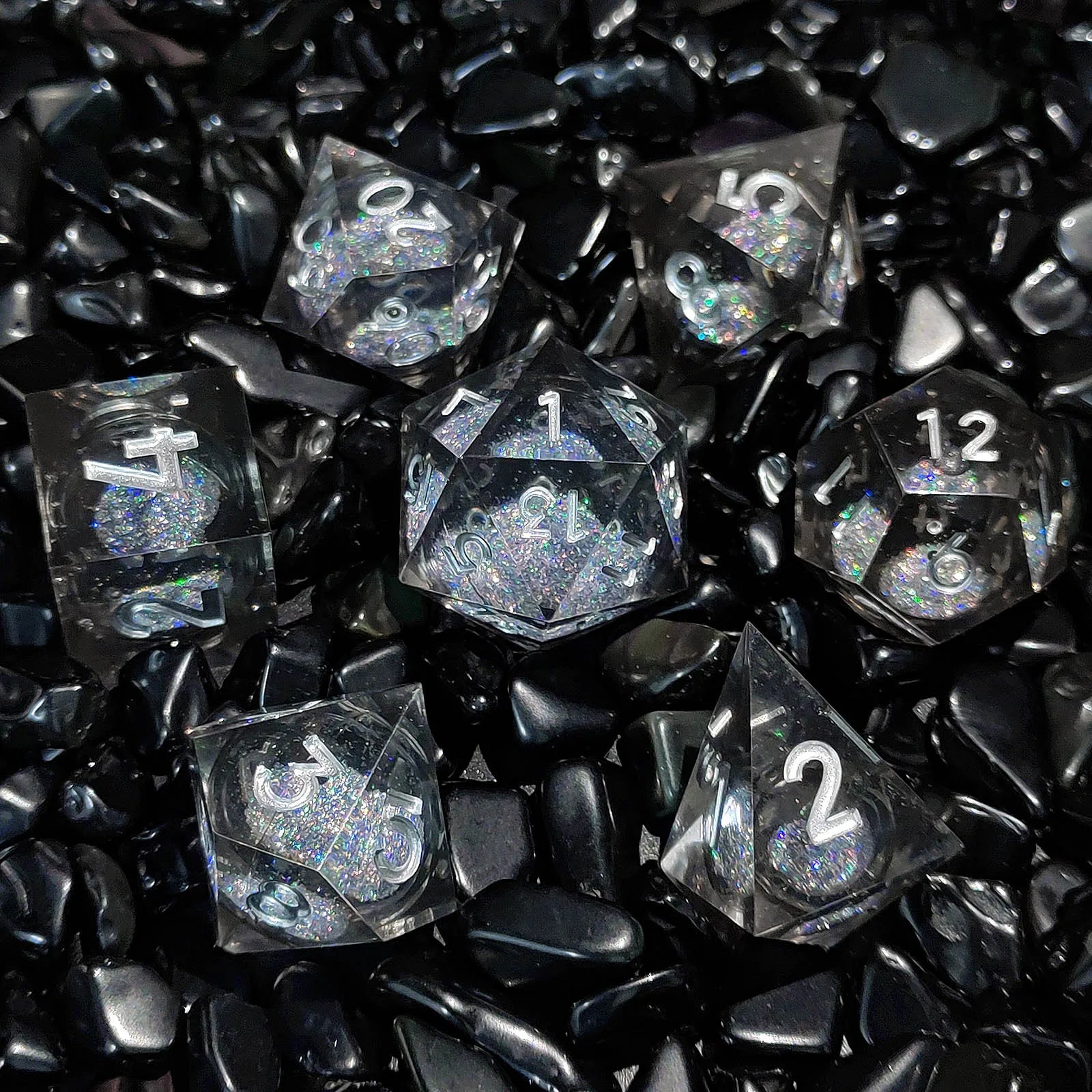 DND NEW 16mm Shimmering Core-Silver Ink Liquid Core Dice Set Custom Logo D20 Resin Shape Light Tinted"