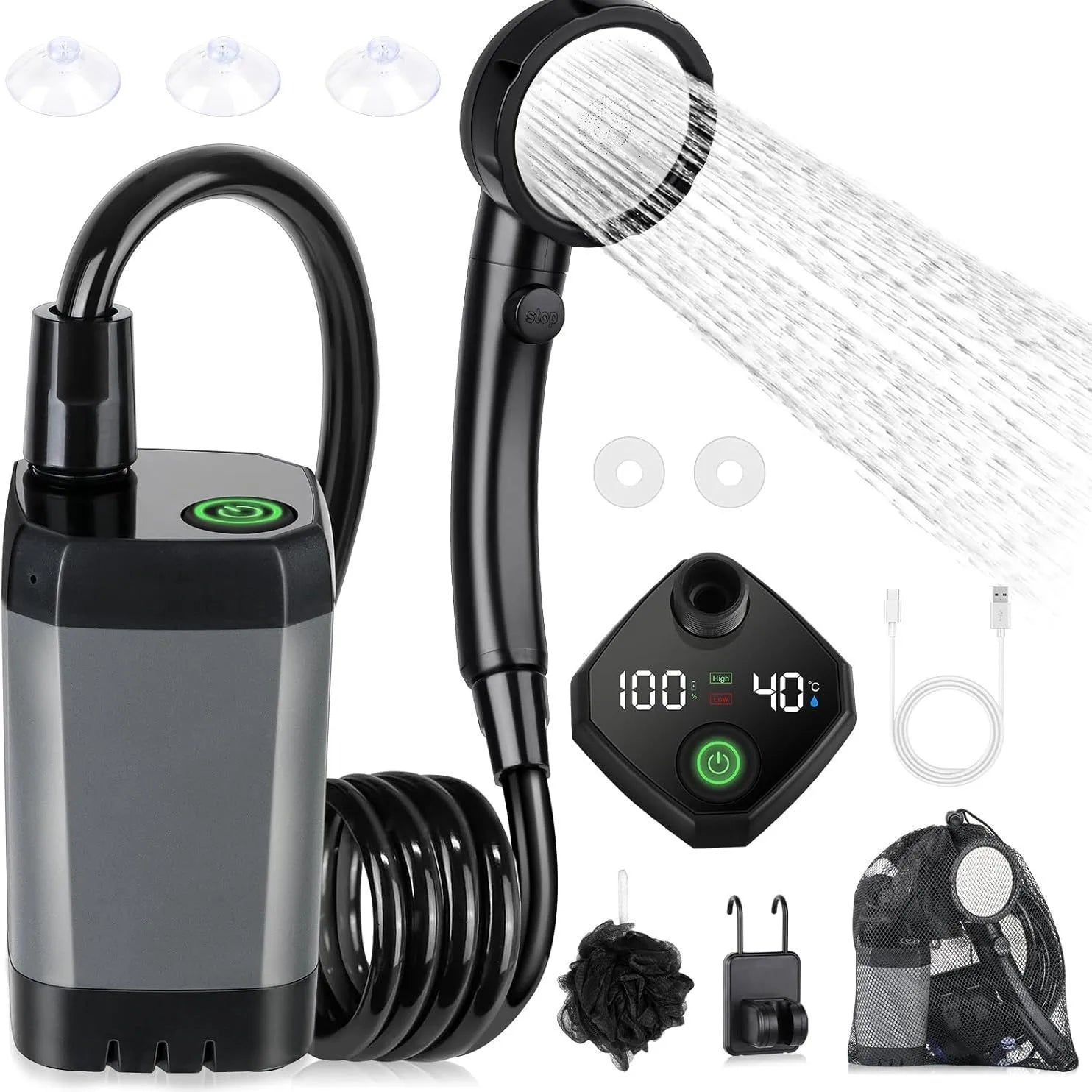 Rechargeable 6000MAH Outdoor Camping Shower with LED Display of Battery Level and Temperature for Camping