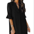 Women's Vintage Floral V Neck Ruffle Short Sleeve Midi Dress Romantic Casual Shift Dress for Spring and Autumn