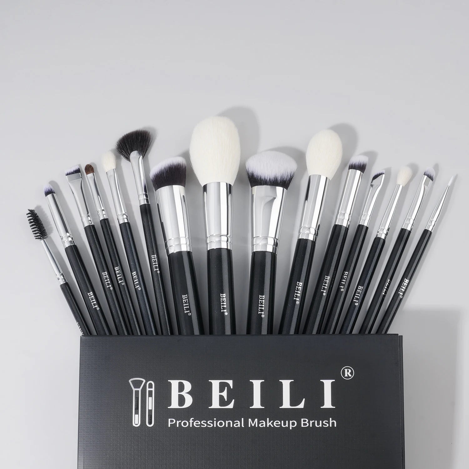 15pcs Classic Black Handle Silver Tube Synthetic Hair Cosmetic Tools Brush Set Professional Natural Goat Hair Makeup Brushes Kit