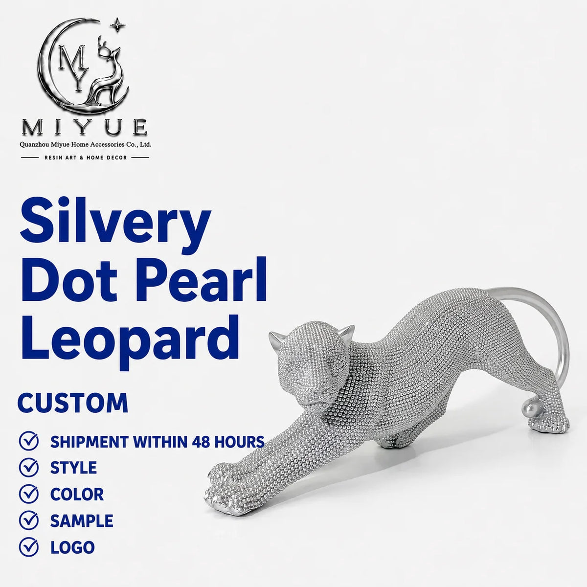 Silver Dot Bead Crouching Leopard Eco-friendly Hand-painted Lifelike Resin Figurine Luxury Home Office Table Business Decor Gift MegaBDM